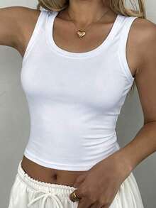 Camiseta de tirantes ajustada de unicolor para mujer, uso diario minimalista y casual - Blanco 4 - Ver 4