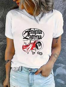 Women's T-Shirt With Gothic Anime Print - Japanese Anime Inspired Design With Anima Saitana Lettering And Manga Characters - Soft And Stretchy Crew Neck For Casual Wear, Gym And Comfort In All Seasons - Machine Washable Anime Fan Clothing - 白色 - 查看 1