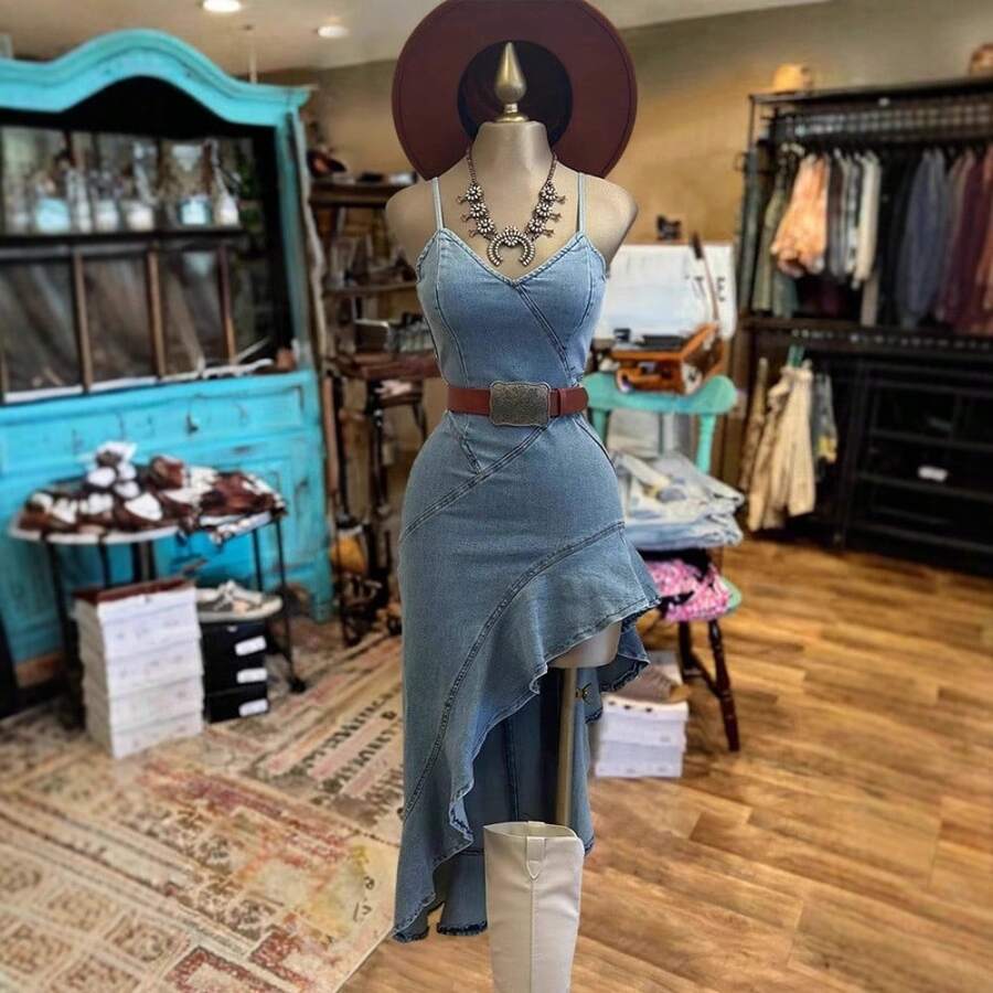 Vestido de denim asimétrico para mujer tirantes finos moda callejera verano outfit casual cómodo y fresco talla única estilo urbano - Azul - Ver 1
