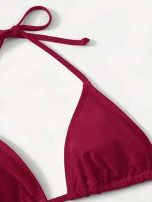 Women's Simple Solid Color Swim Bikini With A Halter Neck And Cutout, Suitable For Beach Vacations And Summer. - Bordeaux 2 - View 4