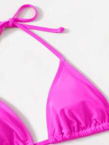 Women's Simple Solid Color Swim Bikini With A Halter Neck And Cutout, Suitable For Beach Vacations And Summer. - Fuchsia Pink - View 5