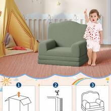 Sillón infantil convertible con diseño de corona – Sherpa suave y funda lavable – Silla cómoda y cama plegable para niños y niñas – Ideal para sala de juegos y guardería - Verde - Ver 3