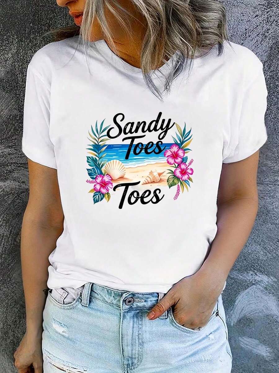 1 Women's Summer Short Sleeve T-Shirt With Print, Modern And Casual, Machine Washable, Comfortable Fit, 2D Flat Print, 180g, 100% Cotton. - 白色_05 - 查看 1