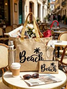 海灘主題帆布托特包，女款大容量夏季海灘包，印有「BEACH」字母藝術圖案，附拉鍊小袋，輕巧耐用可重複使用，內含內袋與網袋，適合海灘度假、旅行、野餐、上學及其他日常使用 - 彩色 - 查看 2