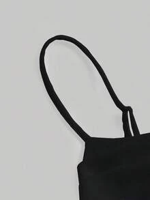 Elegante vestido de tirantes con fruncido en la cintura de color liso - Negro - Ver 3