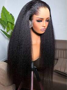 13"X4" Afro Yaki Straight Brazilian Human Hair Lace Front Wig, Bob Style Curly Straight Hair Wig, 13x4 Transparent Lace Front, Pre-Plucked, 180% Density Mixed Hair Heat-Resistant Fiber, Women's Wig, Elegant Style, No Glue Needed, Suitable For Daily Wear 8-16 Inches - Natural & Black - View 22