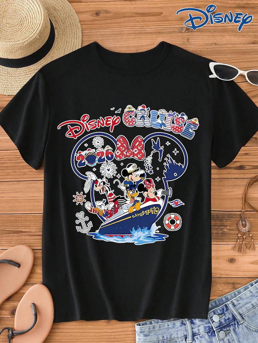 Disney 1件男士米奇米妮卡通印花短袖T恤，圆领，弹力面料，适合日常穿着，易于打理，时尚休闲男士T恤 - 黑色 - 查看 1