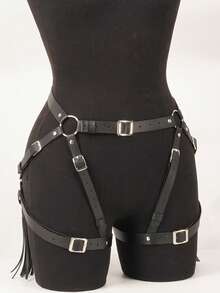 Women's Leather Gothic Tassel Thigh Garter Harness, Adjustable Waist Leg Body Harness Rave Party Accessories - Black - View 5