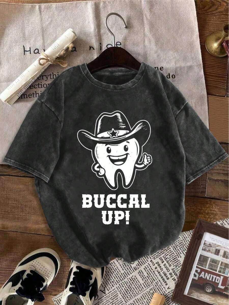Camiseta Vintage de Uso Diario con Cuello Redondo y Manga Corta, Estampado de Dientes, Top Casual Hecho de Algodón Puro - Negro - Ver 1