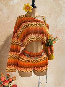 Casual 2-Piece Set Consisting Of A Cropped Top With An Irregular Neckline And Lettuce Hem, And Shorts, In A Solid Color, For Vacation, Spring/Summer - Orange - View 1