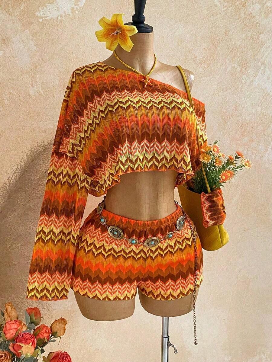 Casual 2-Piece Set Consisting Of A Cropped Top With An Irregular Neckline And Lettuce Hem, And Shorts, In A Solid Color, For Vacation, Spring/Summer - Orange - View 1