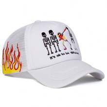 1 Stück Herren Baseballkappe mit Totenkopf Muster, Trucker Hut mit Flammen Stickerei, Outdoor Sonnenschutz Casual Mesh Kappe für Frühling Herbst Reise Strand - Verschiedenfarbig - Übersicht 13