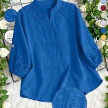 Blusa ligera y semitransparente con cuello en V y bordado sin estructura, para primavera/verano y vacaciones - azul real - Ver 1