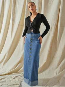 High Waist Cuffed Hem Button Up Maxi Denim Skirt With Stretch - Lavado medio - Ver 3