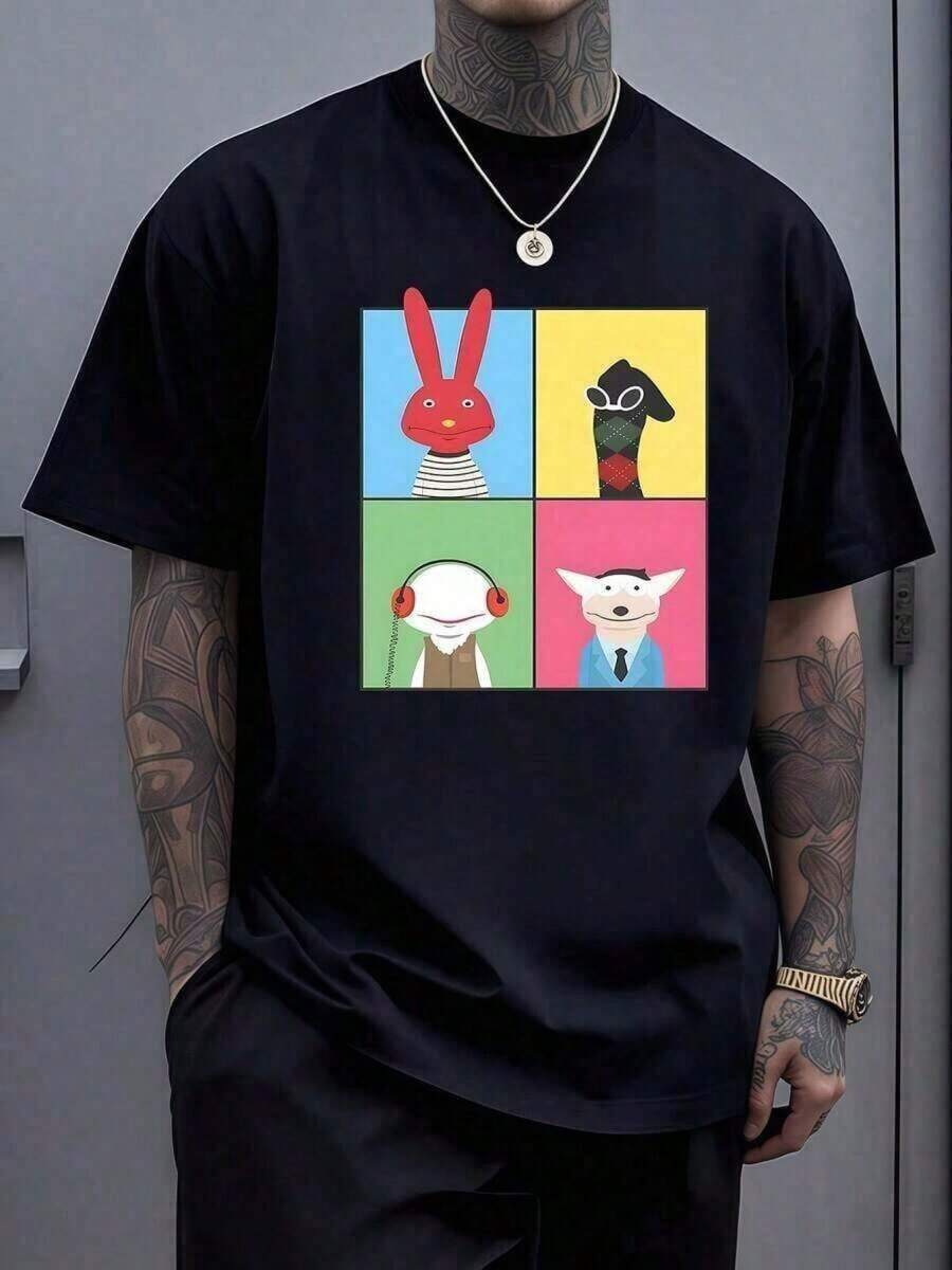 Four Colorful Characters Represent Diversity And The Interplay Between Different Worlds: A Cheerful Red Rabbit, A Sock With Glasses, A Being With Headphones, And Another In A Suit, Symbolizing Humor And Joy In Everyday Life. T-Shirt, Size [Size Missing], Cotton, RAIJ QGSR - 黑色 - 查看 1