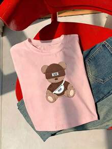 Women's Casual Short-Sleeved T-Shirt With A Cute Cartoon Bear Print, A Simple And Very Sweet Design. Soft And Comfortable Fabric For Everyday Wear, Outings, And Walks. Looks Great Paired With Jeans And Shorts; A , Youthful Style Perfect For Looking Fresh And Pretty All Summer Long. 373R - 粉色 - 查看 4