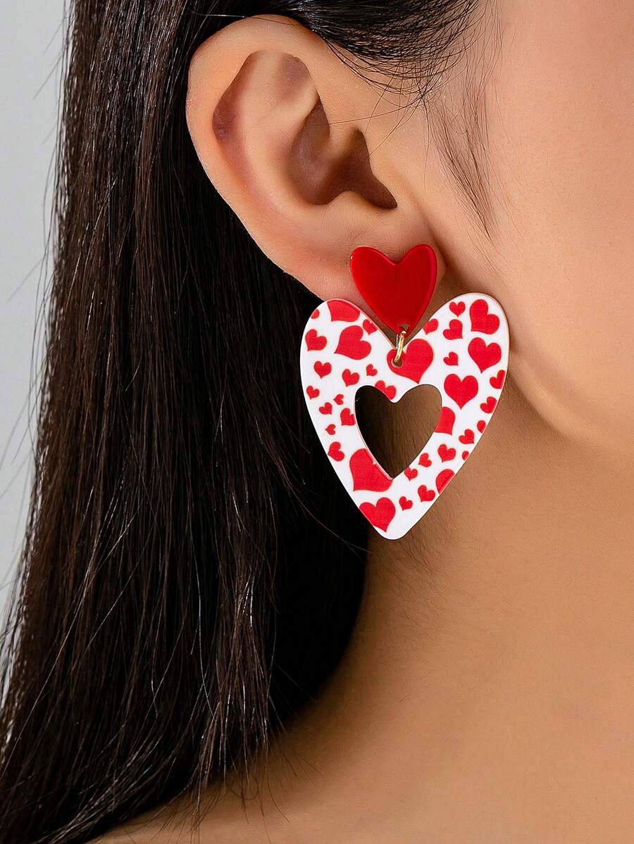 1 Pair Fashion Red & White Polka Dot Heart Pattern Acrylic Heart & Teardrop Dangle Earrings, Suitable For Daily Wear - Red - View 1