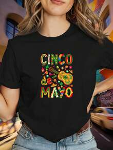 Camiseta de Mujer con Estampado de Tacos Mexicanos - Camiseta casual de manga corta y cuello redondo con estampados de tacos y carnaval, adecuada para fiestas del Cinco de Mayo, uso diario casual, ropa de estilo mexicano lavable a máquina - Camiseta Unisex de Estilo Urbano Vintage, de algodón, manga corta y cuello redondo. - Azul - Ver 6