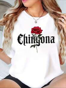 1 pieza de camiseta con estampado de rosas ChirYona para mujer, ropa casual para atuendos diarios y ocasiones especiales. Es una camiseta perfecta para regalar a amigos y familiares en cualquier día festivo o ocasión especial, 180g 100% algodón. - Negro - Ver 8