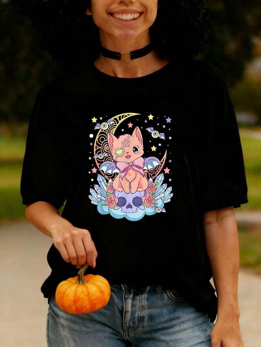 Camiseta de gato y calavera gótica pastel de anime kawaii linda, camisetas gráficas, tops cortos para mujeres, atuendos de verano para mujeres, tops de verano, camiseta - Blanco - Ver 1