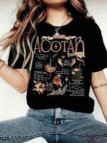 1 pieza 2026 Nueva Camiseta de Moda para Mujer Primavera/Verano Estilo Casual Y2K con Cuello Redondo y Estampado de la Letra "ACOTAR", Camiseta de Manga Corta Fresca de Verano en Algodón de Seda de Hielo. Y2Y-Ropa de Verano OLD1180g 100% Algodón. - Negro - Ver 1
