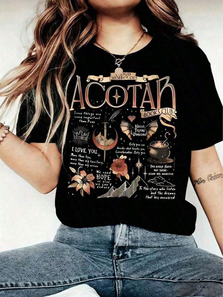 1 pieza 2026 Nueva Camiseta de Moda para Mujer Primavera/Verano Estilo Casual Y2K con Cuello Redondo y Estampado de la Letra "ACOTAR", Camiseta de Manga Corta Fresca de Verano en Algodón de Seda de Hielo. Y2Y-Ropa de Verano OLD1180g 100% Algodón. - Negro - Ver 1