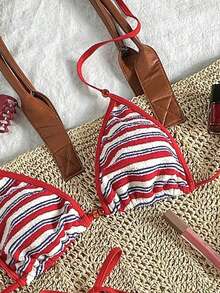 Swim Mod Bikini triangular retro dulce y picante, de talla pequeña con cordones, de alta gama a rayas rojas y azules, traje de baño sensual de piezas separadas, Primavera/Verano 2026 - Celeste - Ver 11