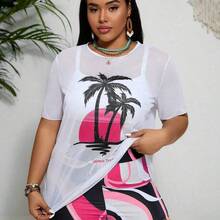 Swim Lushore Plus Size Women Summer Beach Wireless Tankini Set & Palm Tree Printed Short Sleeve Cover Up - Multicolor - Ver 4