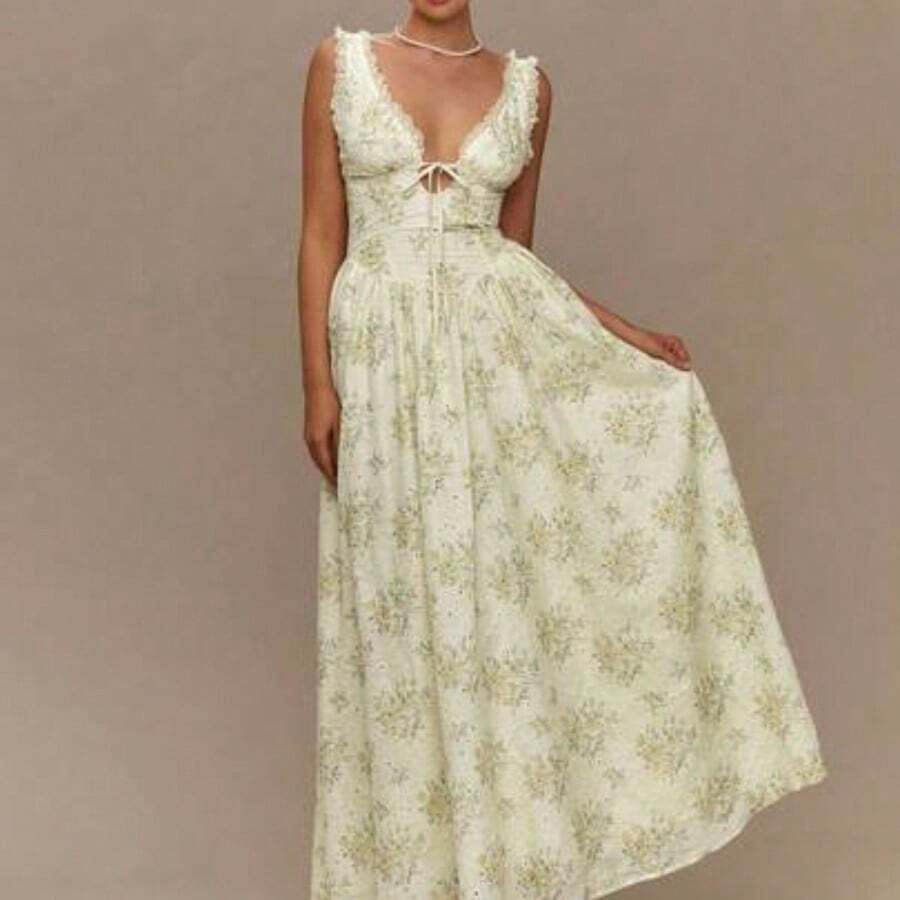 Spring/Summer Romantic Women Yellow Floral Print Hollow Out Embroidery Lace Stitching Sleeveless Maxi Dress,Sweet&Elegant For Birthday&Holiday Party&Sweet Date Night&Daily Commuting&Vacation&Afternoon Tea&Garden Parties,Summer Outfits For Women,Sun Dresses For Women - Amarillo - Ver 1