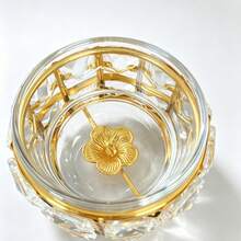 奢华圆形切割水晶糖罐，配银杏叶盖和珍珠勺，金属框架玻璃糖罐，球形底座，装饰性厨房储物罐，咖啡吧、下午茶、餐桌装饰 - 金色 - 查看 5