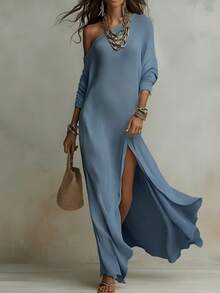 Women's Off Shoulder Knit Maxi Dress With Long Sleeves And High Slit - 孔雀藍 - 查看 3