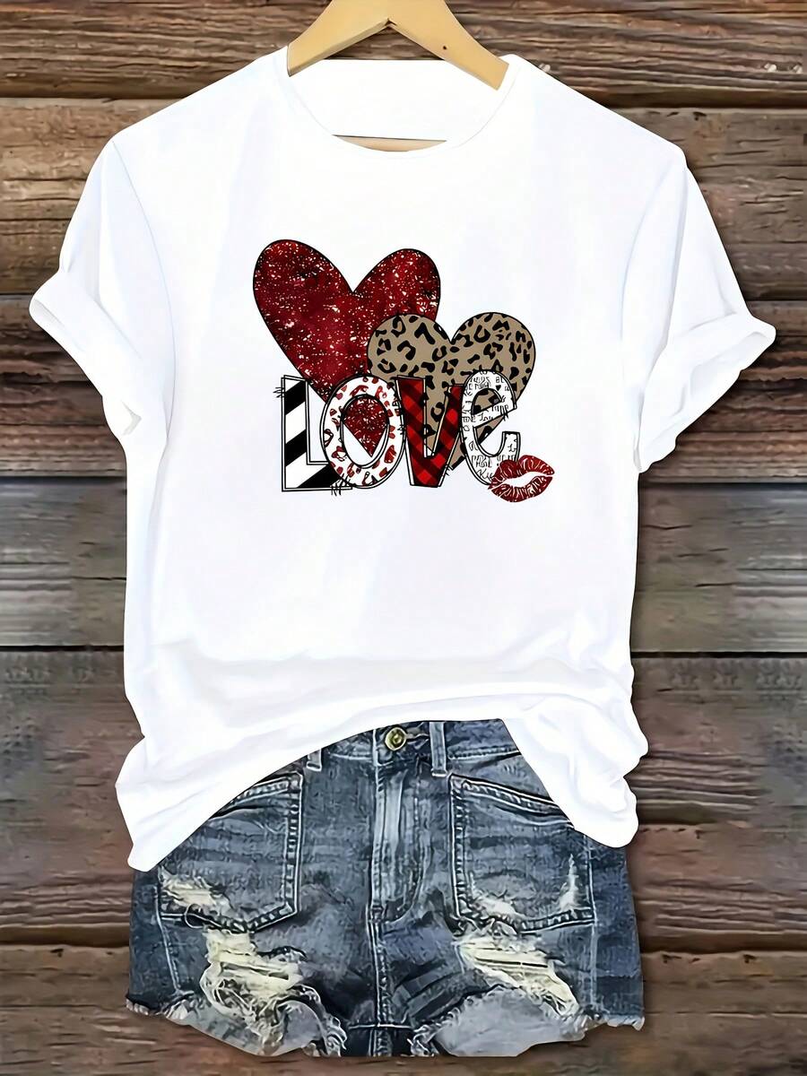 Women's Casual Short Sleeve T-Shirt - Sparkling Heart And Leopard Print Design For Valentine's Day With Bold LOVE Lettering, Loose Fit Crew Neck, Machine Washable, All Season Top, Everyday Wear, Fun Style, Easy Care, Printed T-Shirt, For Fashion Lovers - 白色 - 查看 1