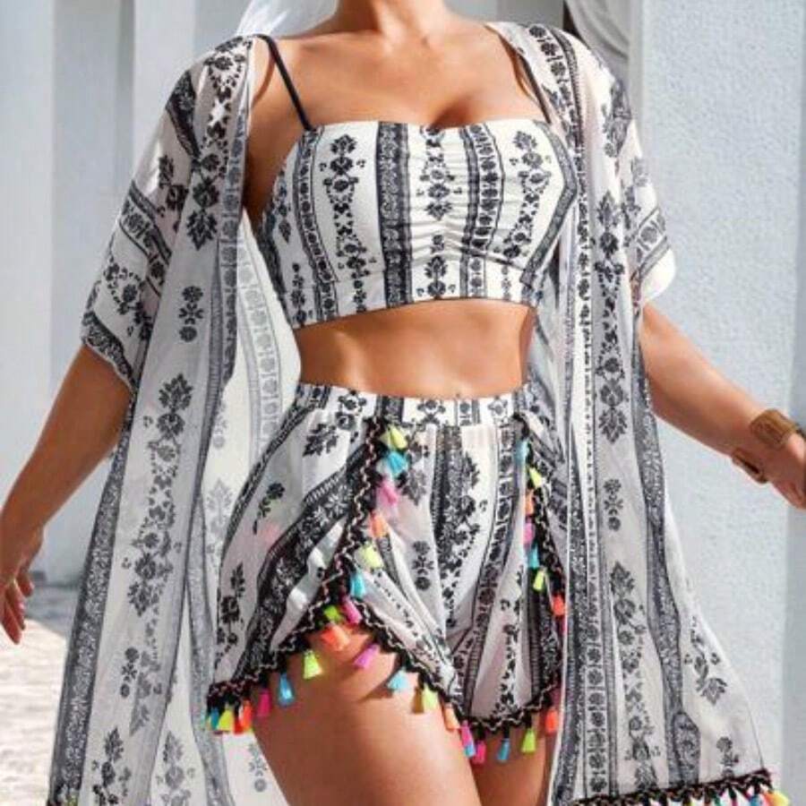 Swim Vcay 4pcs/Set Tassel Cover Up, Swim Trunks, And Basic Bikini Swimsuit Set For Beach Vacation For Summer - Beis - Ver 1