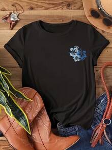 Women's Casual Black Aloha Hawaii Floral Print Drop Shoulder Short Sleeve T-Shirt for Summer Vacay - Negro - Ver 7