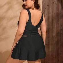 Swim Lushoire Plus Size Women's High-End Solid Color Splicing Mesh Wide Strap Slit Elegant Summer Beach Vacation One-Piece Swimsuit - Negro - Ver 3