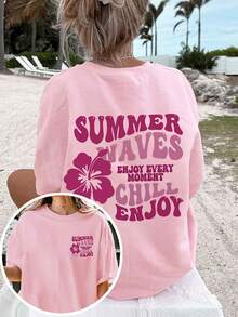 Camiseta de manga corta para mujer con estampado de moda, holgada, casual, combinable con todo, para verano. - Negro - Ver 8