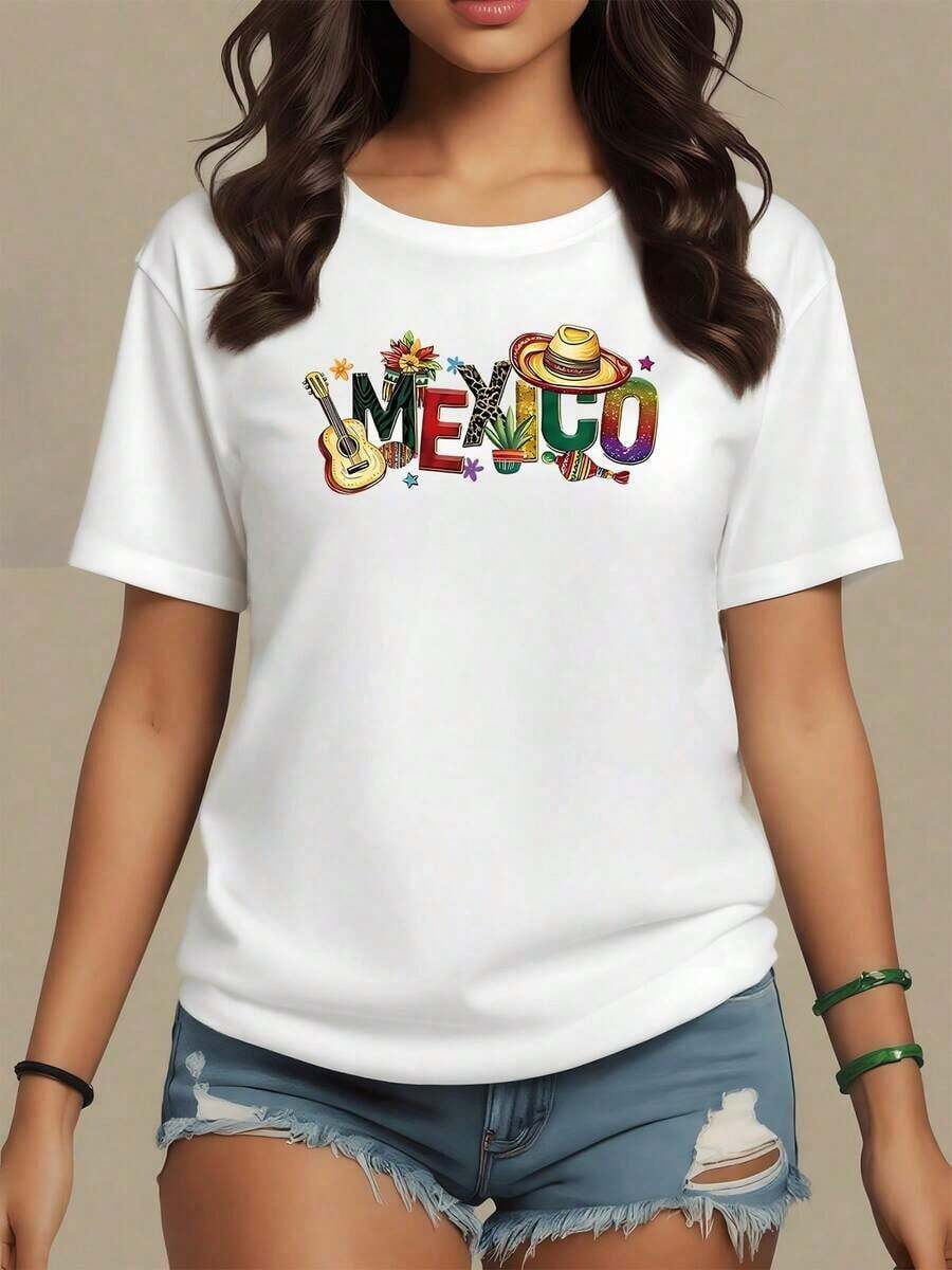Printed With The Word Mexico Formed By A Guitar, Hat, Flowers, And Cactus, Celebrating The Joy And Culture Of The Country. Women's T-Shirt, 100% Soft And Comfortable Cotton. - 白色的 - 查看 1