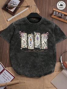 hombres y mujeres100% algodónCamiseta casual de manga corta con estampado bohemio de flores silvestres y temática de libros, perfecta para primavera y verano, hecha de - Negro - Ver 5