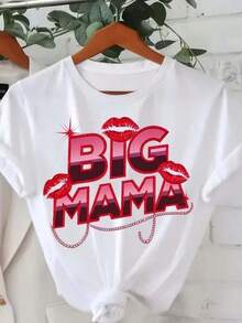 Plus Size, Women's Plus Size Big Mama Glitter Lips T-Shirt - Sparkling Casual Round Neck Short Sleeve Top Suitable For Summer/Fall, Blouse For GiftsRopa De Mujer / Ropa De Mujer De Uso Diario / Blusas, Camisas Y Camisetas De Mujer / Camisetas De Mujer Ropa Deportiva Basicos Mujer Short Playeras Para Hombre - Blanco - Ver 1