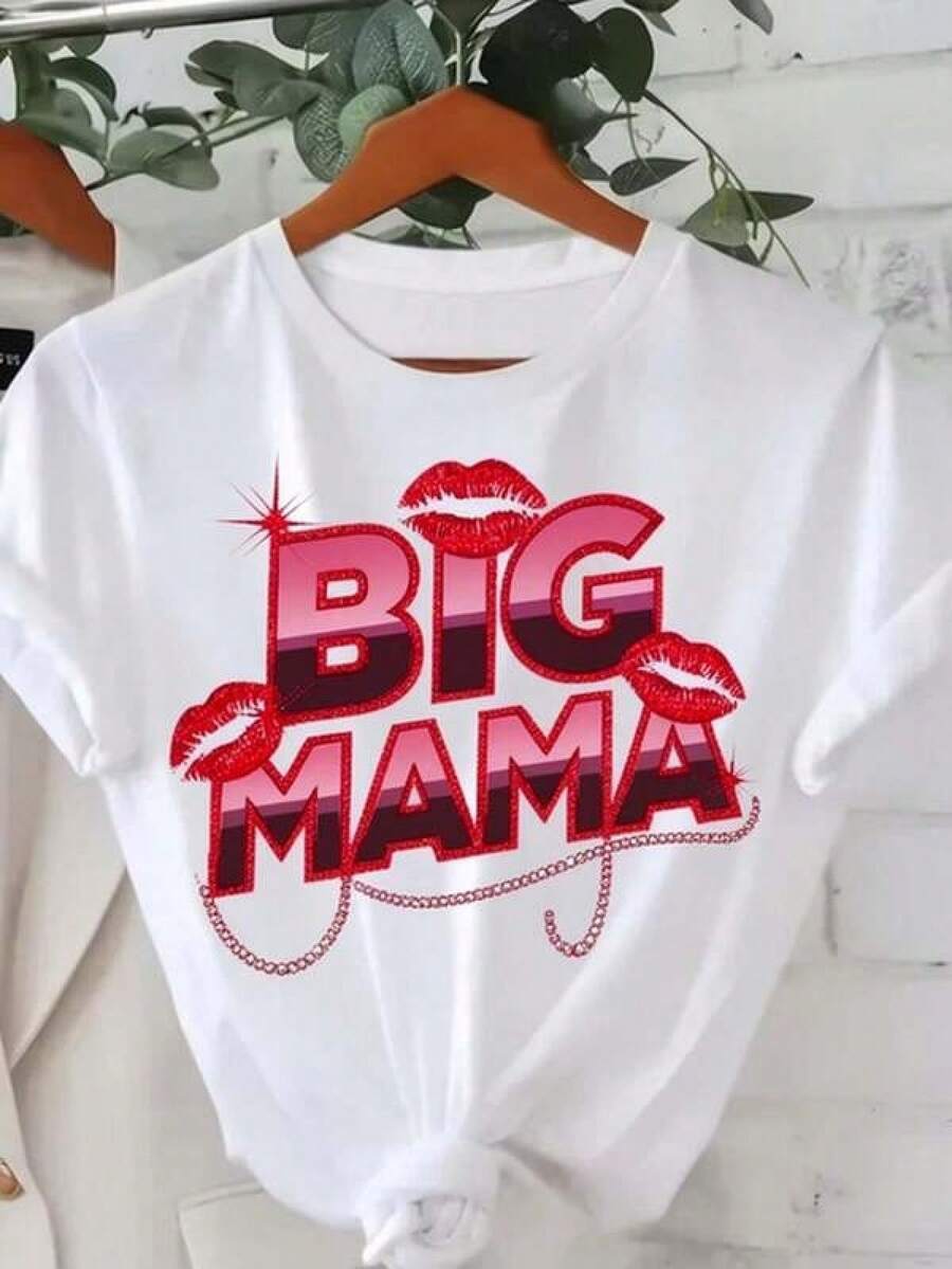 Plus Size, Women's Plus Size Big Mama Glitter Lips T-Shirt - Sparkling Casual Round Neck Short Sleeve Top Suitable For Summer/Fall, Blouse For GiftsRopa De Mujer / Ropa De Mujer De Uso Diario / Blusas, Camisas Y Camisetas De Mujer / Camisetas De Mujer Ropa Deportiva Basicos Mujer Short Playeras Para Hombre - Blanco - Ver 1