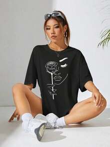Camiseta Casual de Verano para Mujer con Estampado Floral y Retrato Abstracto, Cuello Redondo, Hombros Caídos, Camisetas Gráficas, Tops para Mujer, Cuello Redondo, 100% Algodón, Tejido Suave, Manga Corta - Negro - Ver 4