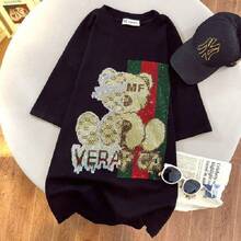 Ropa elegante de mujer de estilo europeo, de puro algodón, camiseta de manga corta adornada con pedrería, de longitud media, corte holgado, talla grande, top de media manga. - Negro - Ver 1
