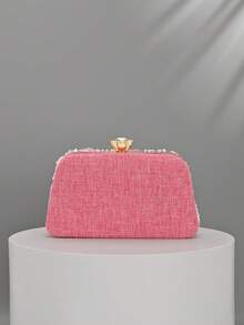 1pc Pink Sheer Sequin Evening Clutch, Gold Frame Formal Handbag Suitable For Wedding And Party (Random Cut) - Pink - View 6
