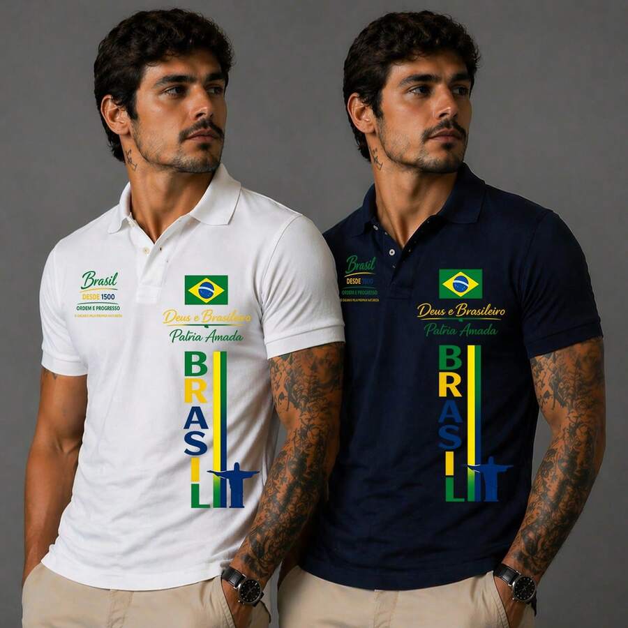 LUZZIAN kit 2 camiseta gola  polo masculino versátil casual  brasill premium malha pique - Azul marinho e branco - Visão 1