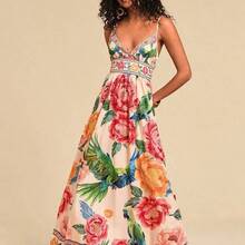 TRVLCHIC Women's V-Neck Maxi Woven Dress With Floral Print, For Spring/Summer Resort,Summer Outfits For Women,Beachwear,Easter,Beach Outfits For Woman,Spring Break,Vacation Outfits Women, Suitable For Holiday , Afternoon Tea, Wedding Season, Beach Cruise Vacation, City Road Trip Vacation, Boho Vacation, Music Festival , Beachwear, Easter, Beach Outfits For Woman, Elegant Dress For Women, Vacation Outfits Women, Concert Outfit Women, Tropical Vacation Woman Clothes, Holiday Outfits, Bohemia - Blanco - Ver 5