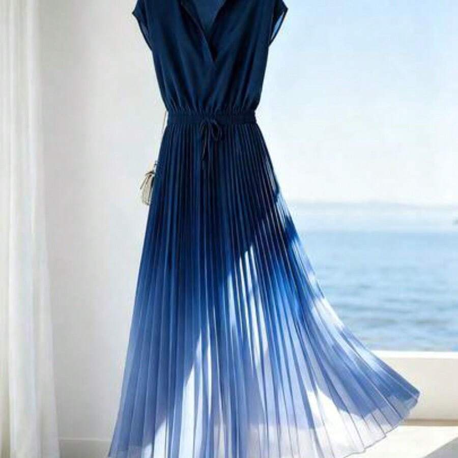 Women's Ombre Pleated Hem A-Line Dress, Waist Cinched Design, Elegant For Vacation, Commute, Valentine's Day, Date, French Chic Retro Versatile Party, Early Spring/Summer Sleeveless Blue & White New Mid-Length Dress - Multicolor - Ver 1