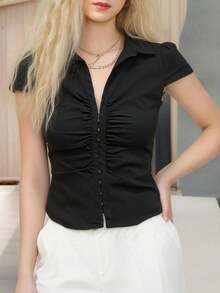 Women's 2026 Solid Ruched Button-Up Blouse Casual Everyday Short Sleeve Collared Work Shirt - 黑色 - 查看 2