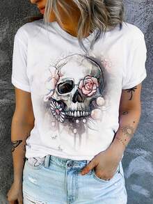 Women's Casual T-Shirt With Skull And Flower Print - Dark Gothic Halloween Design, Round Neck, Short Sleeve, Medium Elasticity Fabric, Suitable For Daily Wear, All Seasons, Machine Washable - White - View 4