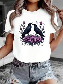 Women's Gothic T-Shirt With Roses And Raven Design - 100% Casual And Elegant For Year-Round Wear, Theme Parties, Everyday Outfits - Gothic Style With Roses - White - View 1