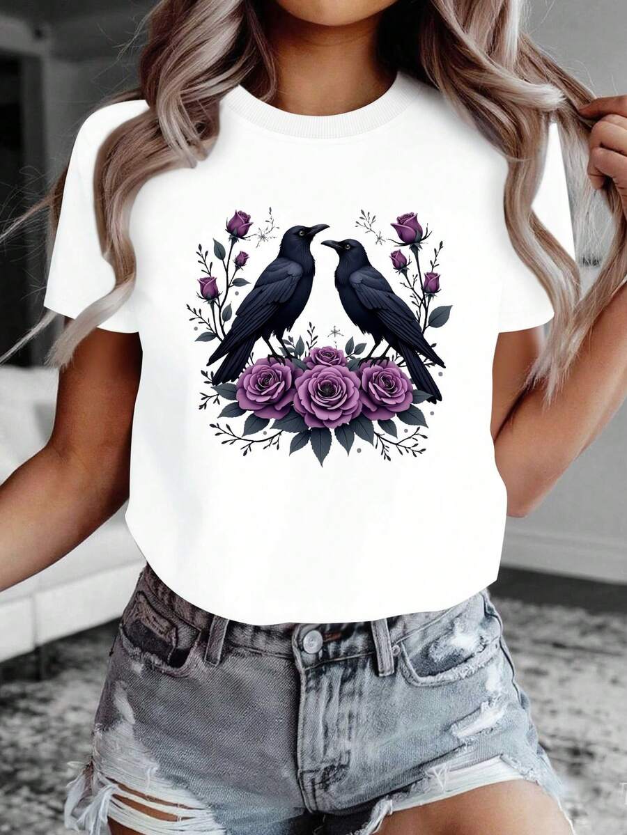 Women's Gothic T-Shirt With Roses And Raven Design - 100% Casual And Elegant For Year-Round Wear, Theme Parties, Everyday Outfits - Gothic Style With Roses - White - View 1